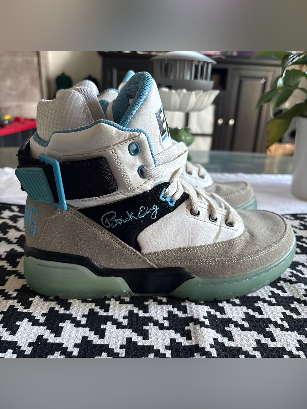 Patrick Ewing High-Top Athletic Sneakers in White and Teal